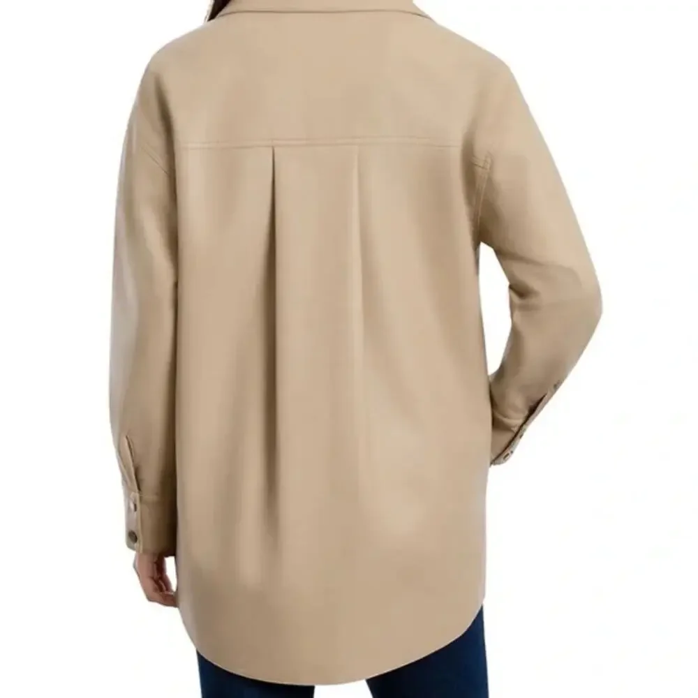 BCBGMAXAZRIA Faux-Leather Shirt Jacket Tan Oversized Fit Womens Sz S